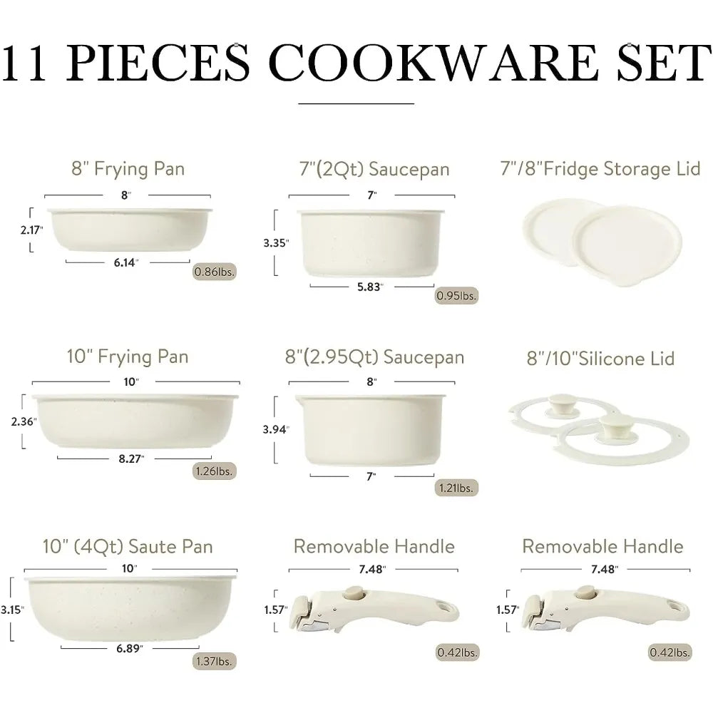11pcs Induction Kitchen Cookware Set with Removable Handle