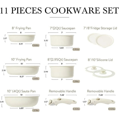 11pcs Induction Kitchen Cookware Set with Removable Handle